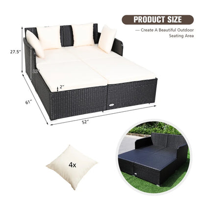 Resenkos Outdoor Patio Rattan Wicker Daybed Sectional Conversation Double Chaise Lounge, White Resistant Cushions