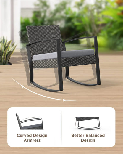 3-Piece Patio Chairs Set, Balcony Furniture Set with PE Rattan Rocking Chairs and a Glass Table, Gray Cushion