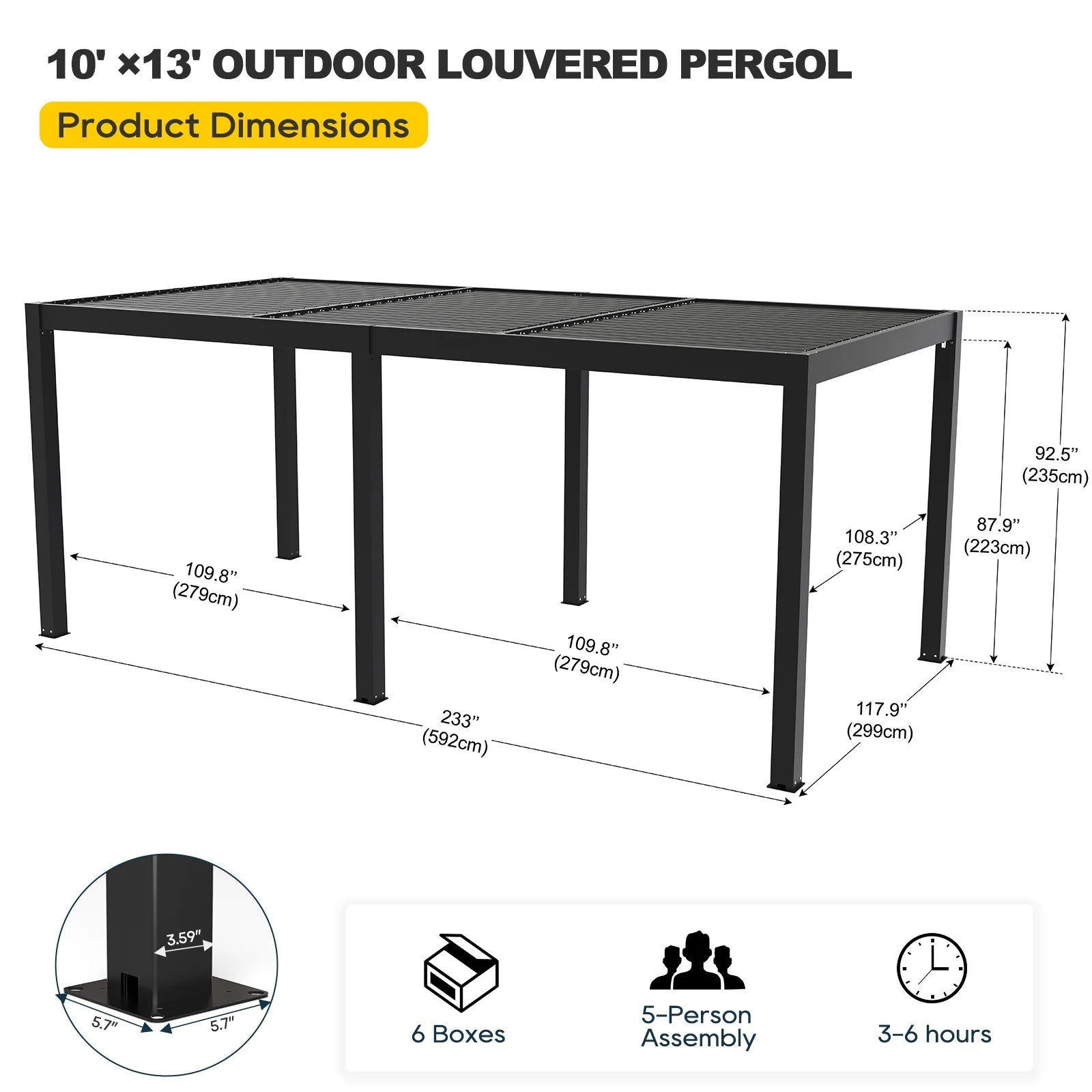 Outdoor Louvered Pergola, Aluminum Outdoor Louvered Pergola Patio with Adjustable Roof for Outdoor Deck,3*6FT,Black