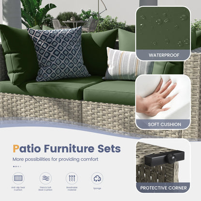 Techmilly 5 Pieces Patio Sectional Sofa PE Rattan Wicker Conversation Sets with Cushions and Glass Table(Green)