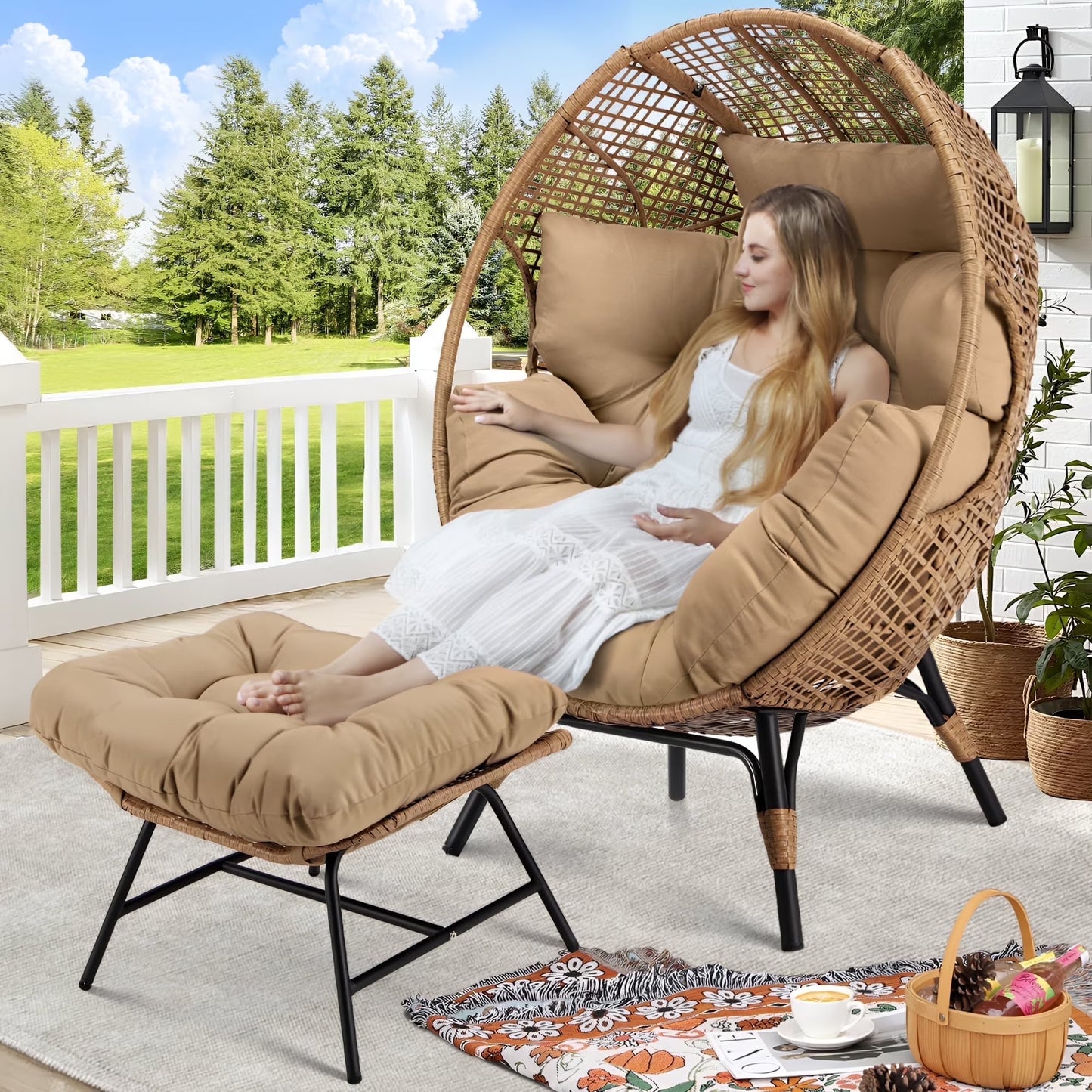 RADIATA 440 lbs Outdoor Egg Chair with Foot Rest & Ottoman, Wicker Patio Egg Chair for Indoor or Garden,Beige