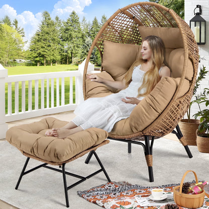 RADIATA 440 lbs Outdoor Egg Chair with Foot Rest & Ottoman, Wicker Patio Egg Chair for Indoor or Garden,Beige