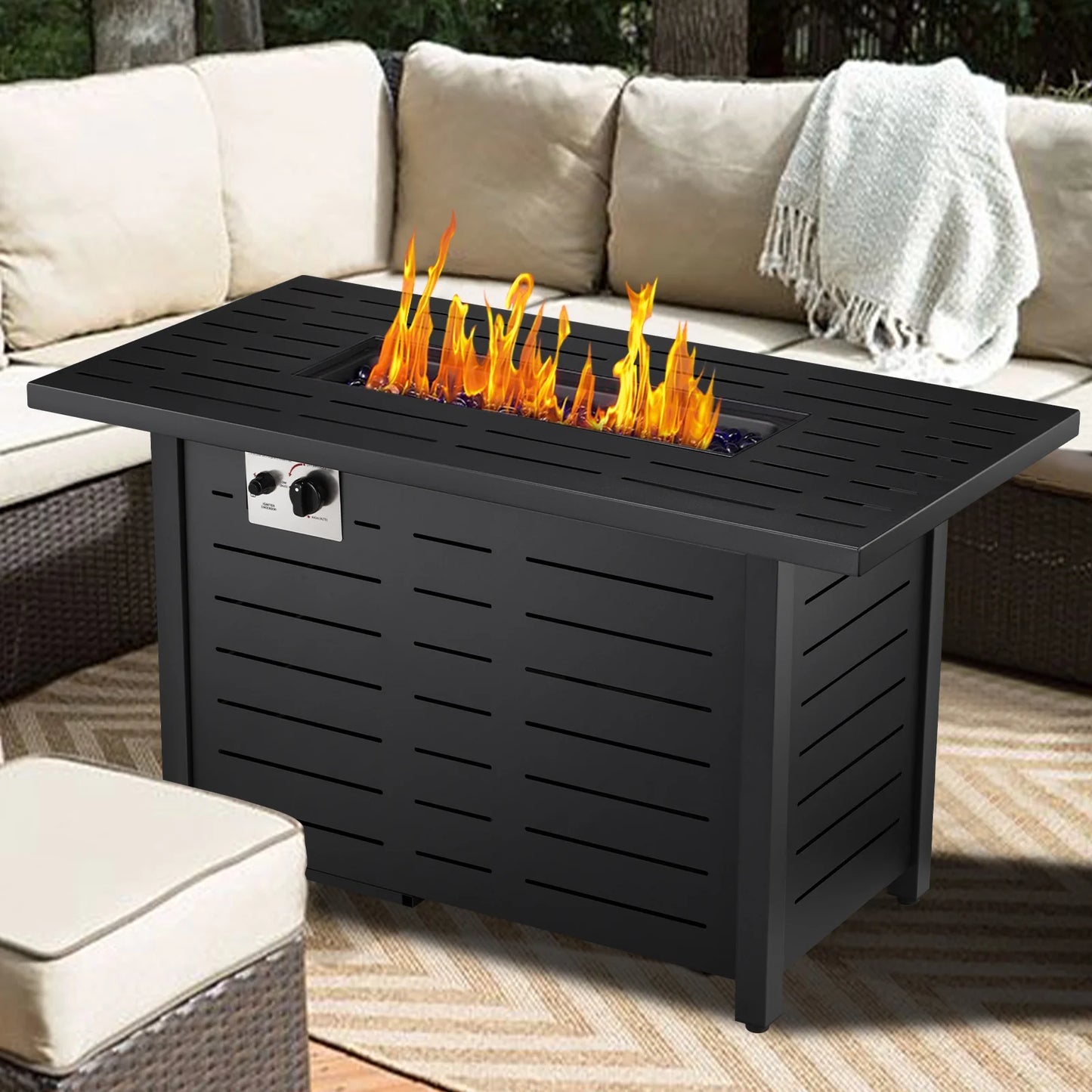 KNDKO 43" Outdoor Propane Fire Pit Table - 50,000 BTU Auto-Ignition Gas Fire Table with Lid, Weather-resistant Backyard Heater for Patio, Deck & Garden