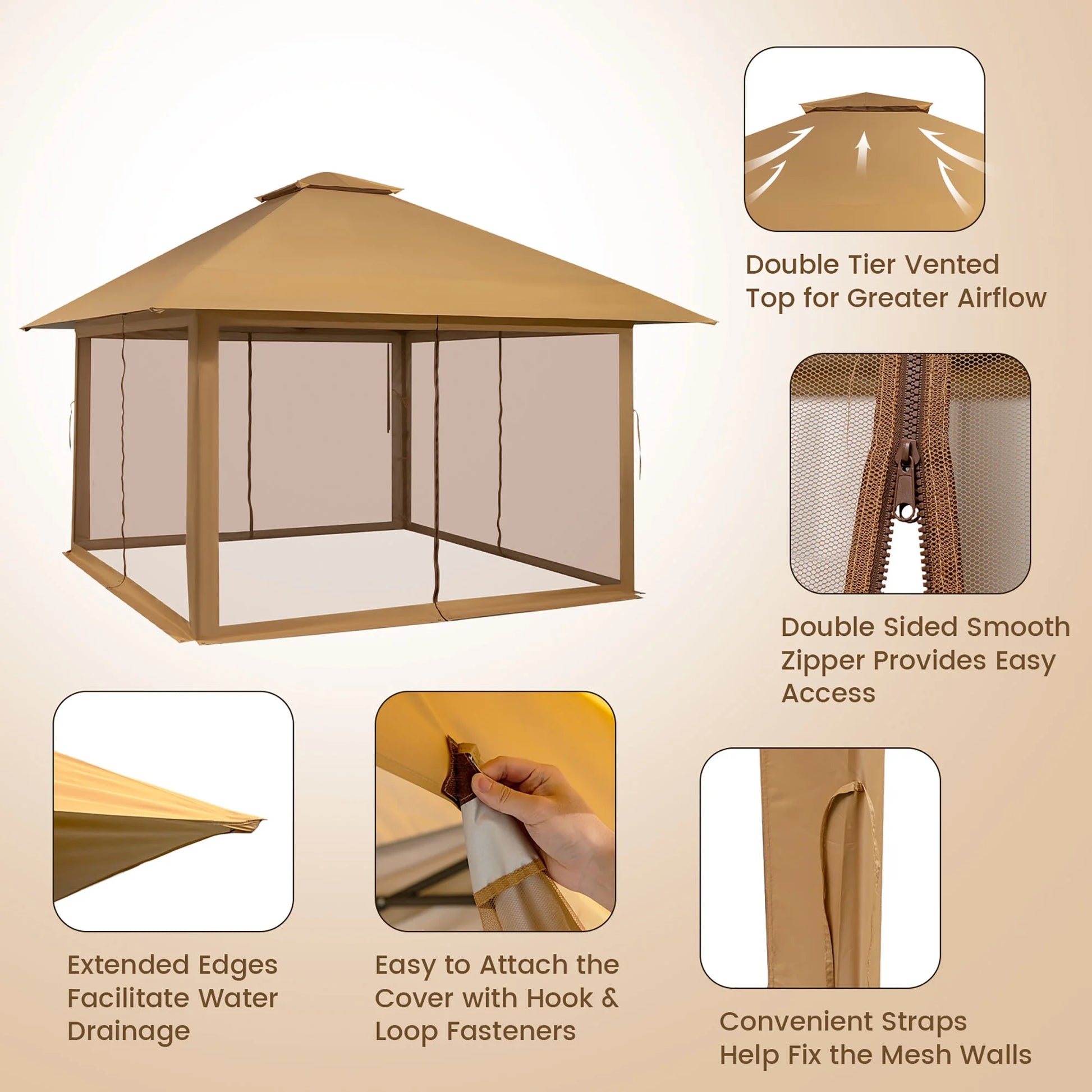 Costway 13x13ft Pop-up Instant Canopy Tent Mesh Sidewall UV50+ Adjust Outdoor Patio Khaki