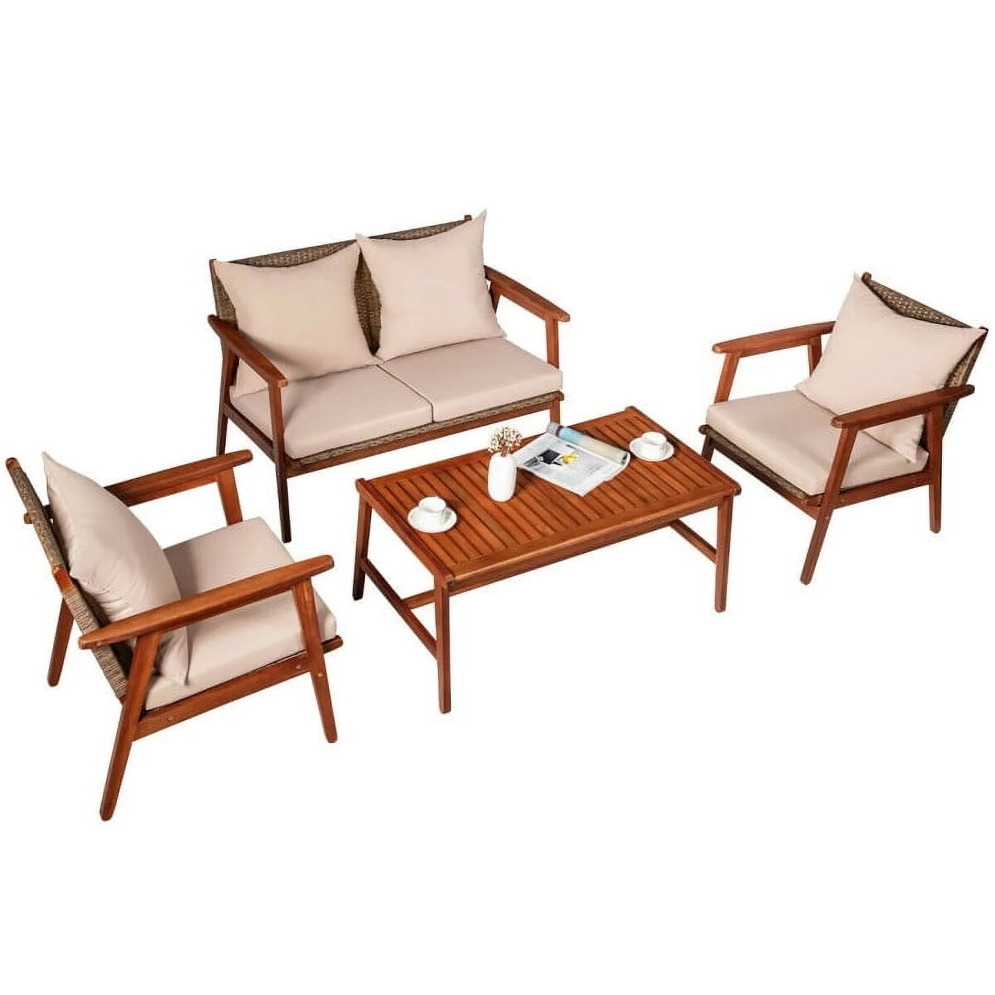 Barara King Outdoor Collection Set, Patio Conversation Table Chair Set, 4 Piece Acacia Wood Patio Rattan Furniture Set-Brown