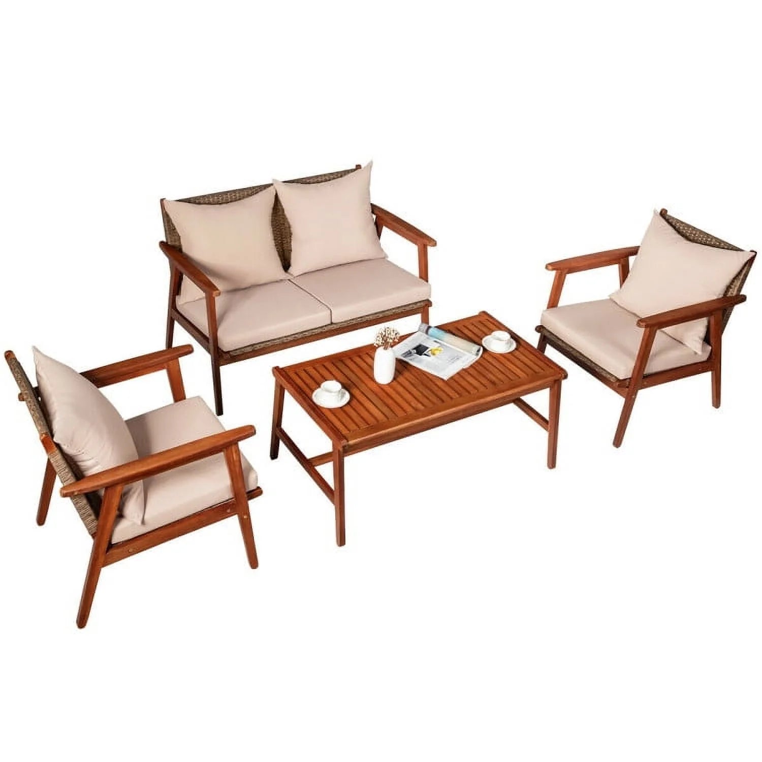 Barara King Outdoor Collection Set, Patio Conversation Table Chair Set, 4 Piece Acacia Wood Patio Rattan Furniture Set-Brown