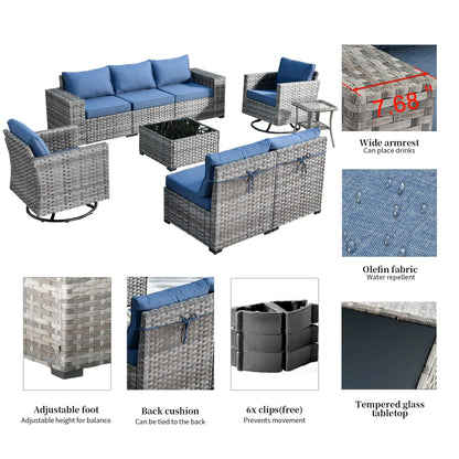 Ovios 9 Pieces Outdoor Patio Furniture with Swivel Rocking Chairs All Weather Wicker Patio Sectional Sofa for Balcony