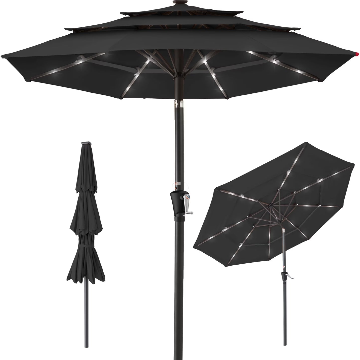 Best Choice Products 10ft 3-Tier Solar Patio Umbrella w/24 LED Lights, Tilt Adjustment, Easy Crank - Tan