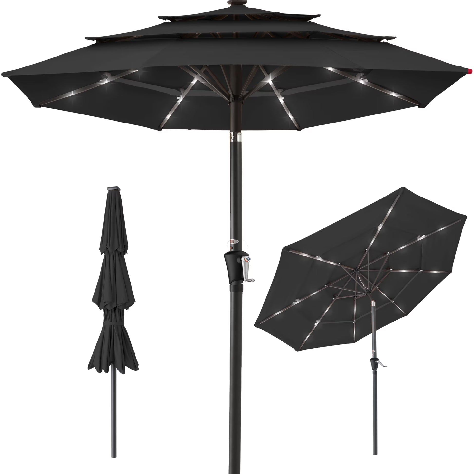 Best Choice Products 10ft 3-Tier Solar Patio Umbrella w/24 LED Lights, Tilt Adjustment, Easy Crank - Tan