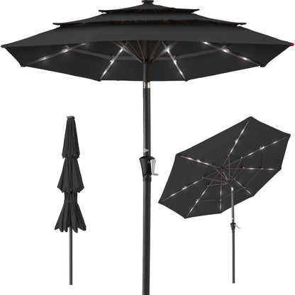 Best Choice Products 10ft 3-Tier Solar Patio Umbrella w/24 LED Lights, Tilt Adjustment, Easy Crank - Tan