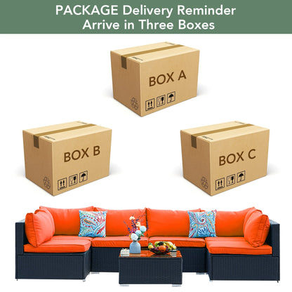 ESSENTIAL LOUNGER 7 Pieces Patio Conversation Set, Outdoor Sectional Sofa PE Rattan Wicker Patio Furniture Set with Cushion and Tempered Glass Table for Patio, Garden& Poolside, Orange
