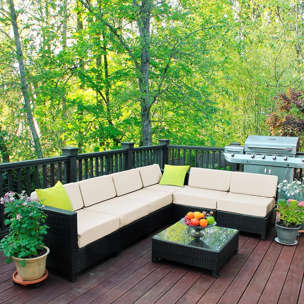 Mcombo Aluminum Outdoor Patio Furniture Sectional Set Black Wicker Sofa All-weather Resin Rattan Conversation Chair with Cushions 6080-1007 Cw