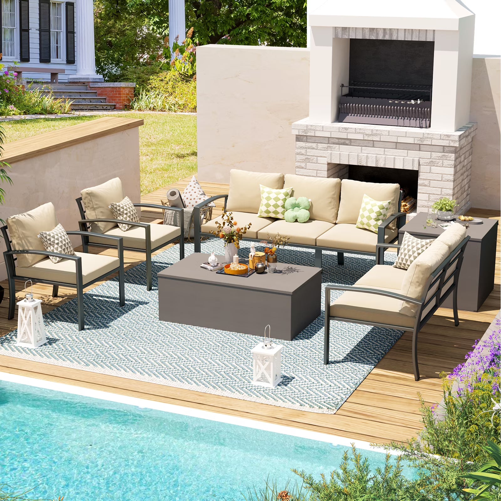AECOJOY 7 Pieces Outdoor Furniture Set with Two Storage Boxes, Rattan Wicker Sectional Sofa Couch Patio Conversation Set, Dark Blue