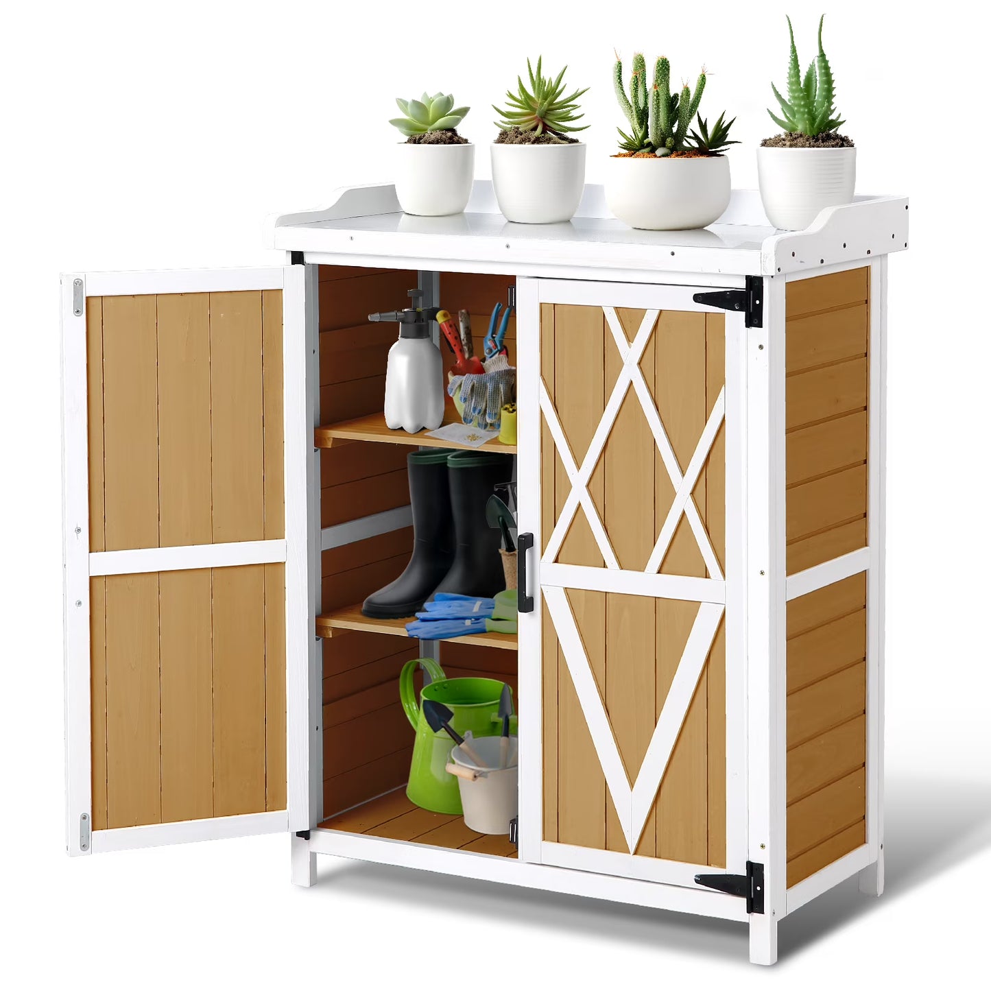 Garvee Potting Bench Table with Galvanized Metal Tabletop, Weatherproof Outdoor Storage Cabinet with Adjustable Shelves, Wood Gardening Table Workstation for Yard Patio Lawn, White+Natural