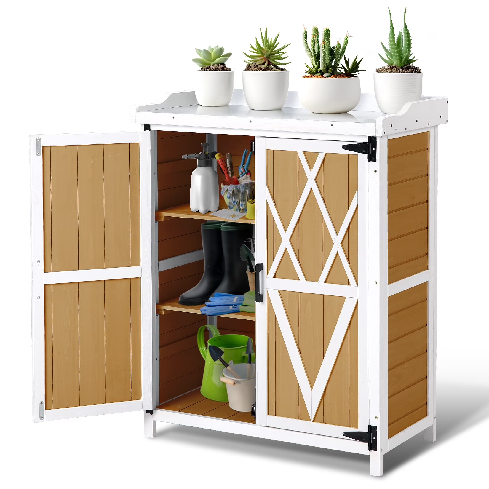 Garvee Potting Bench Table with Galvanized Metal Tabletop, Weatherproof Outdoor Storage Cabinet with Adjustable Shelves, Wood Gardening Table Workstation for Yard Patio Lawn, White+Natural