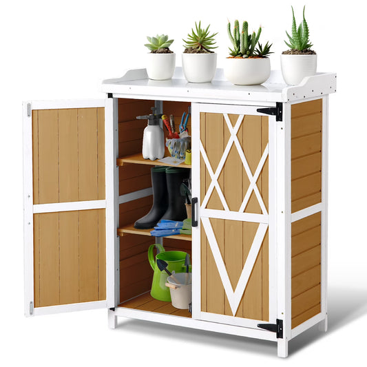 Garvee Potting Bench Table with Galvanized Metal Tabletop, Weatherproof Outdoor Storage Cabinet with Adjustable Shelves, Wood Gardening Table Workstation for Yard Patio Lawn, White+Natural