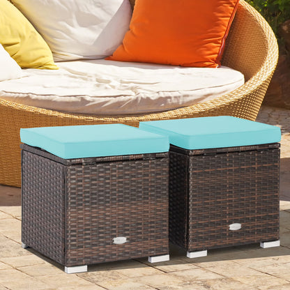 Costway 2PC Patio Rattan Ottoman Seat Side Table Storage Box Footrest Off White