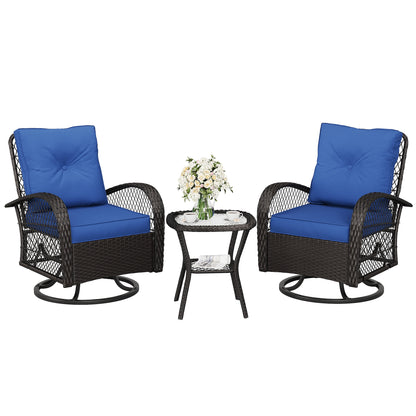 Techmilly 3 Pieces Patio Furniture Set, Outdoor Swivel Gliders Rocker, Wicker Patio Bistro Set with Rattan Rocking Chair for Porch Deck Backya (Navy Blue)