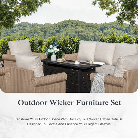 Sophia & William 6 Pieces Wicker Patio Furniture Set 7-Seat Outdoor Cushioned Conversation Set with Coffe Table, Beige