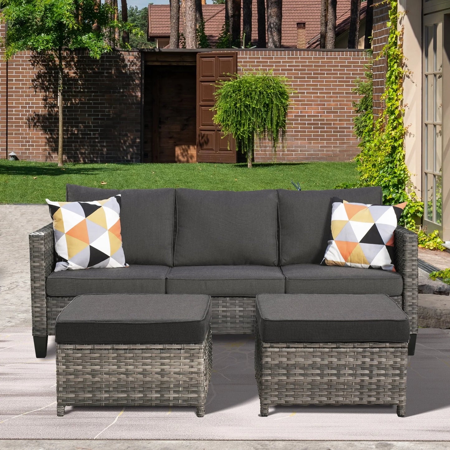 Ovios 3-Piece Outdoor Furniture Set All-Weather Wicker Patio Sofa with Cushions for Conversations