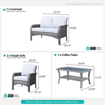 Vcatnet 4 Pieces Outdoor Patio Furniture All-weather Wicker Conversation Set with Coffee Table for Garden,Poolside,Gray