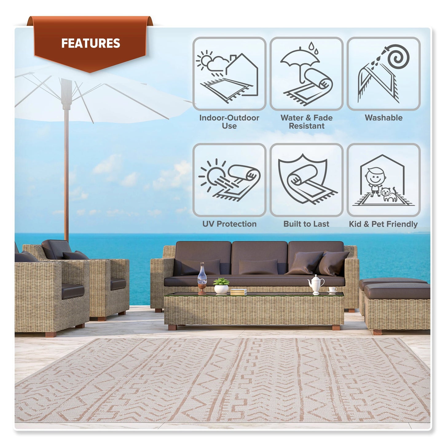 Beverly Rug Outdoor Rug 6' x 9' Patio, Porch, Garden Beige and White