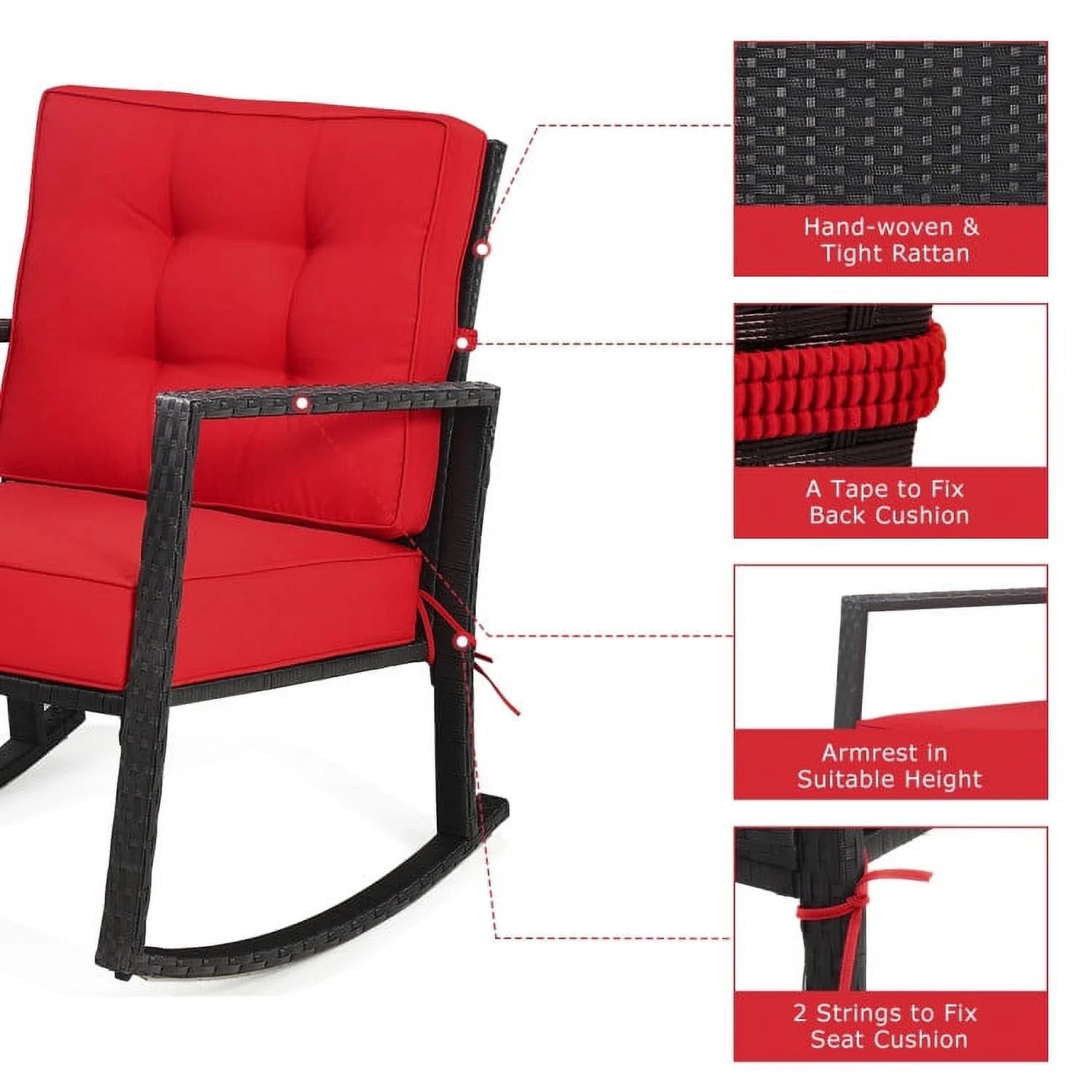 Kadyn Rocking Chairs Outdoor, Patio Rattan Rocker Outdoor Glider Rocking Chair Cushion Lawn-Red, Patio Rocking Chairs