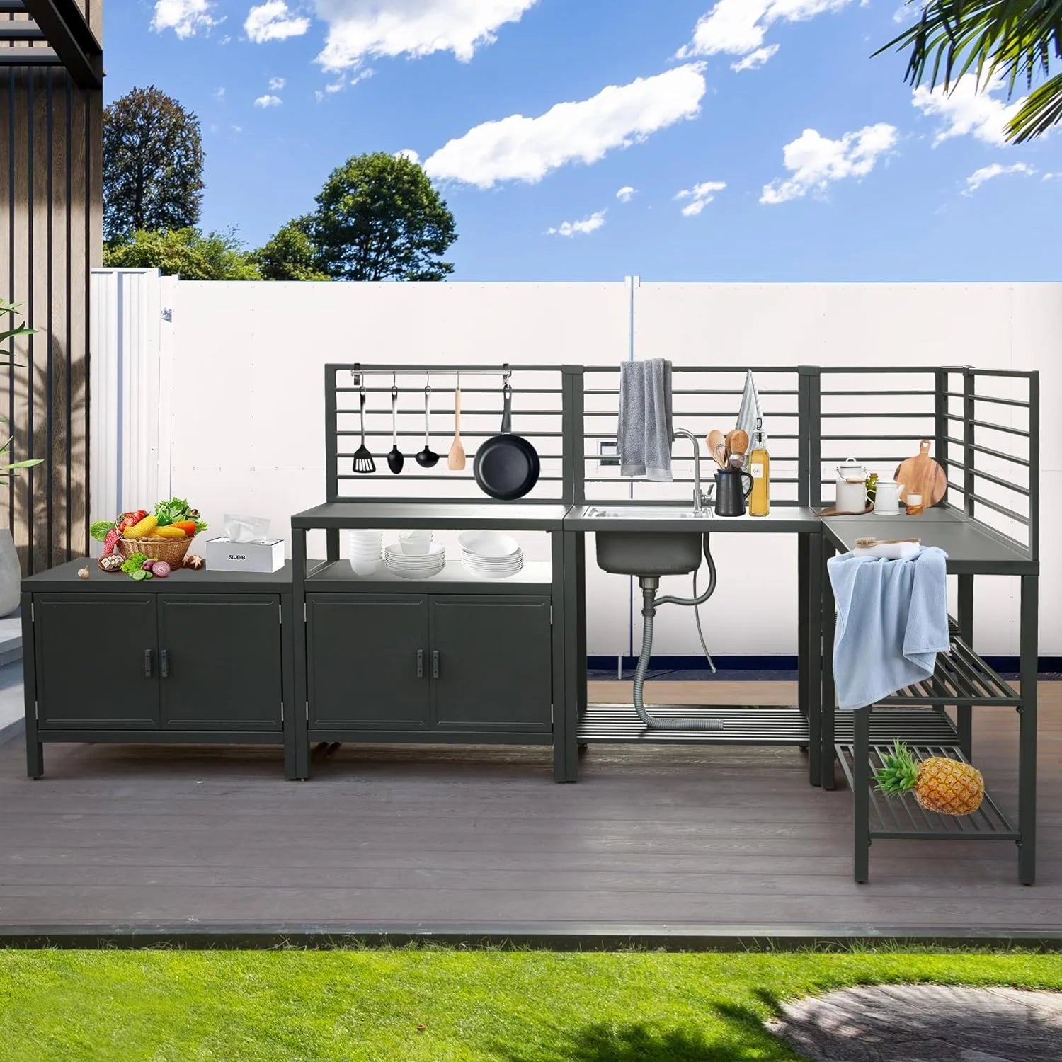 Domi Outdoor Kitchen Series 5-Piece Modular Outdoor Kitchen, Aluminum Storage Islands Sink Table, Corner Bar Cabinet Grill Storage Cabinet with Protective Cover, Outdoor Kitchen for Deck, Patio, Backy