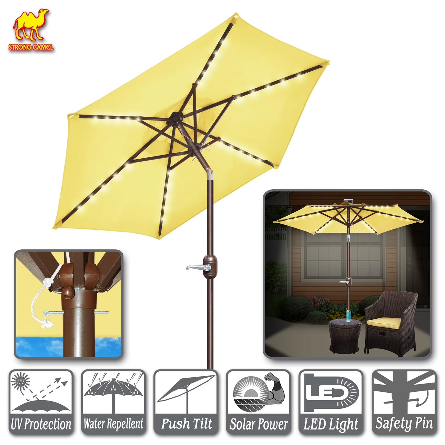 Sunny6.5ft Outdoor Patio Umbrella LED Lighted Tilt Aluminum Garden Market Balcony Sunshade