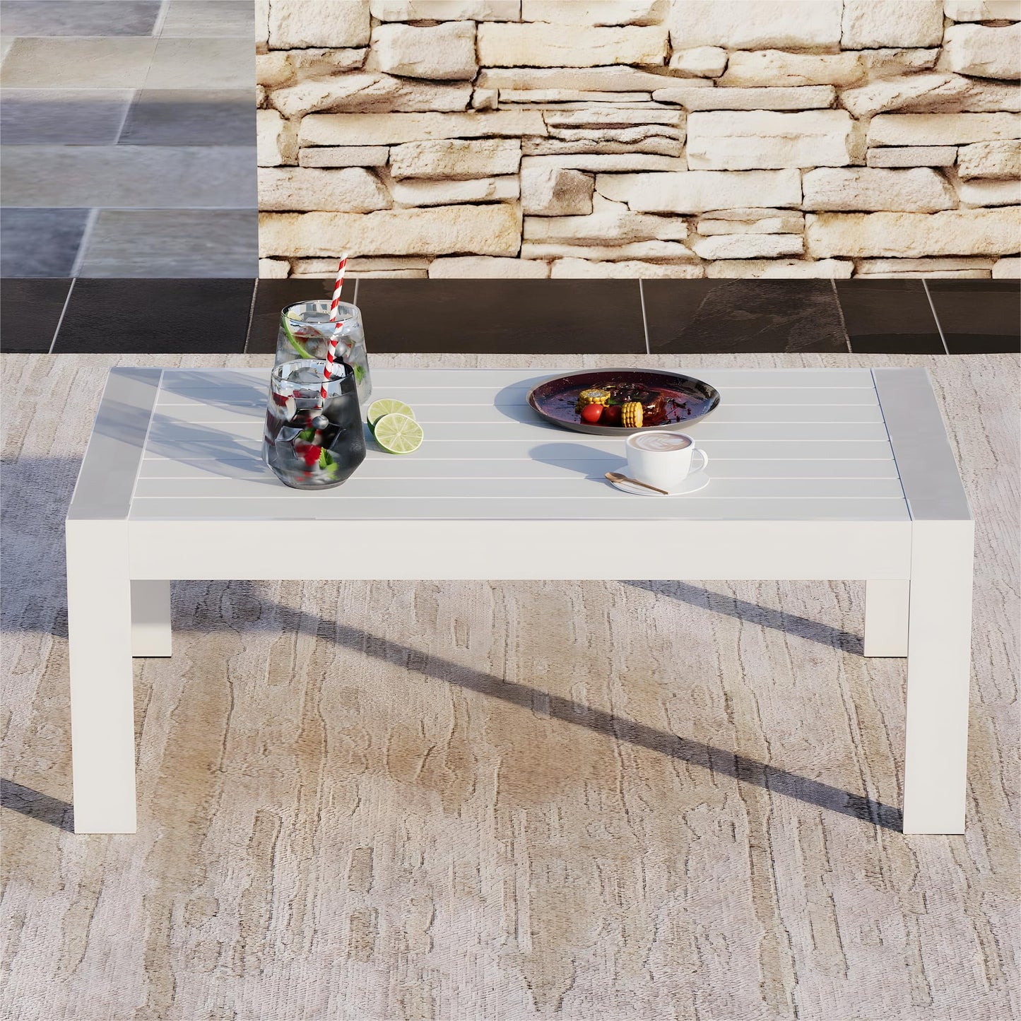 CozyHom Modern Outdoor Patio Aluminum Black Coffee Table, All Weather Metal Outdoor Rectangle Coffee Table Long Table, Black