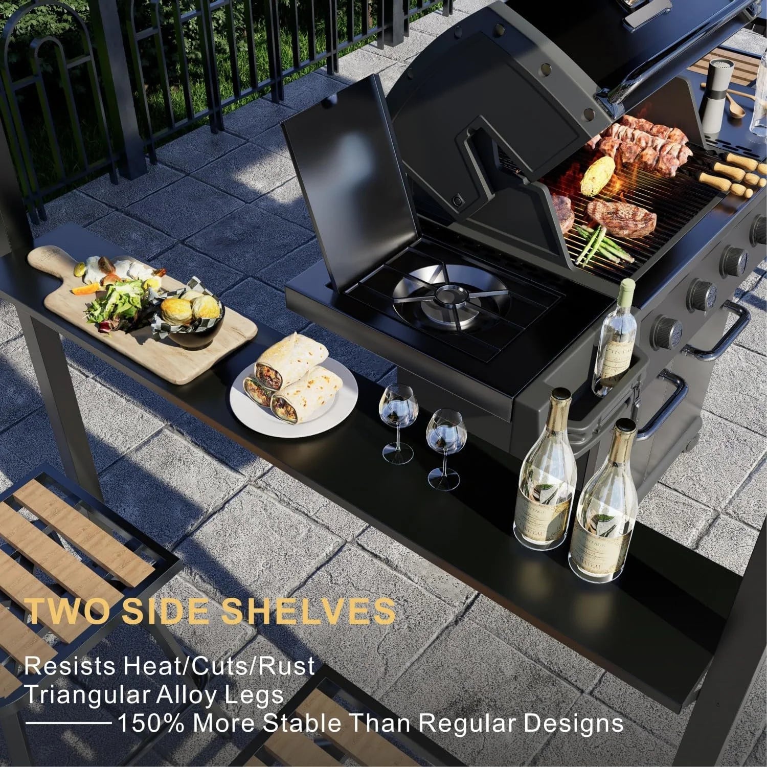 SOLUMIA 8'x6' Grill Gazebo with Double Roof, Aluminum Frame, Side Shelves, Galvanized Steel, for Patio, Backyard, Black
