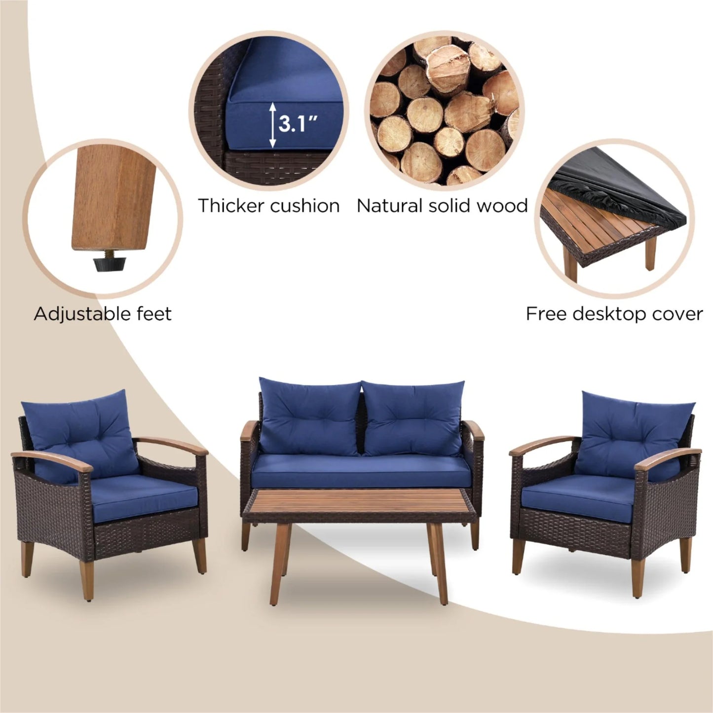 4 Piece Garden Furniture Set, Patio Seating Set with Wood Table, PE Rattan Sofa and 2 Chairs, Outdoor Conversation Set with Table Cover, Pillows and Adjustable Feet, Brown+Beige