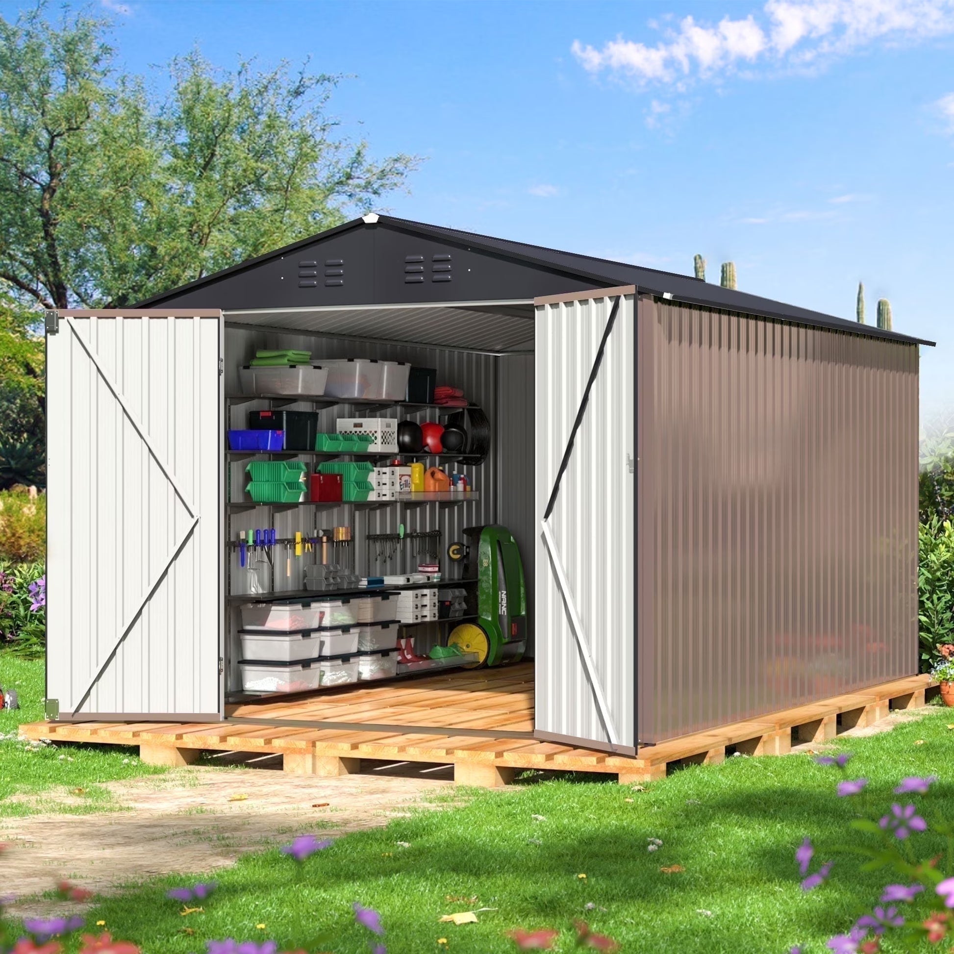 NETAJE 5'x3' Outdoor Metal Storage Shed with Updated Frame Structure and Lockable Doors for Backyard Garden Patio Lawn, Brown