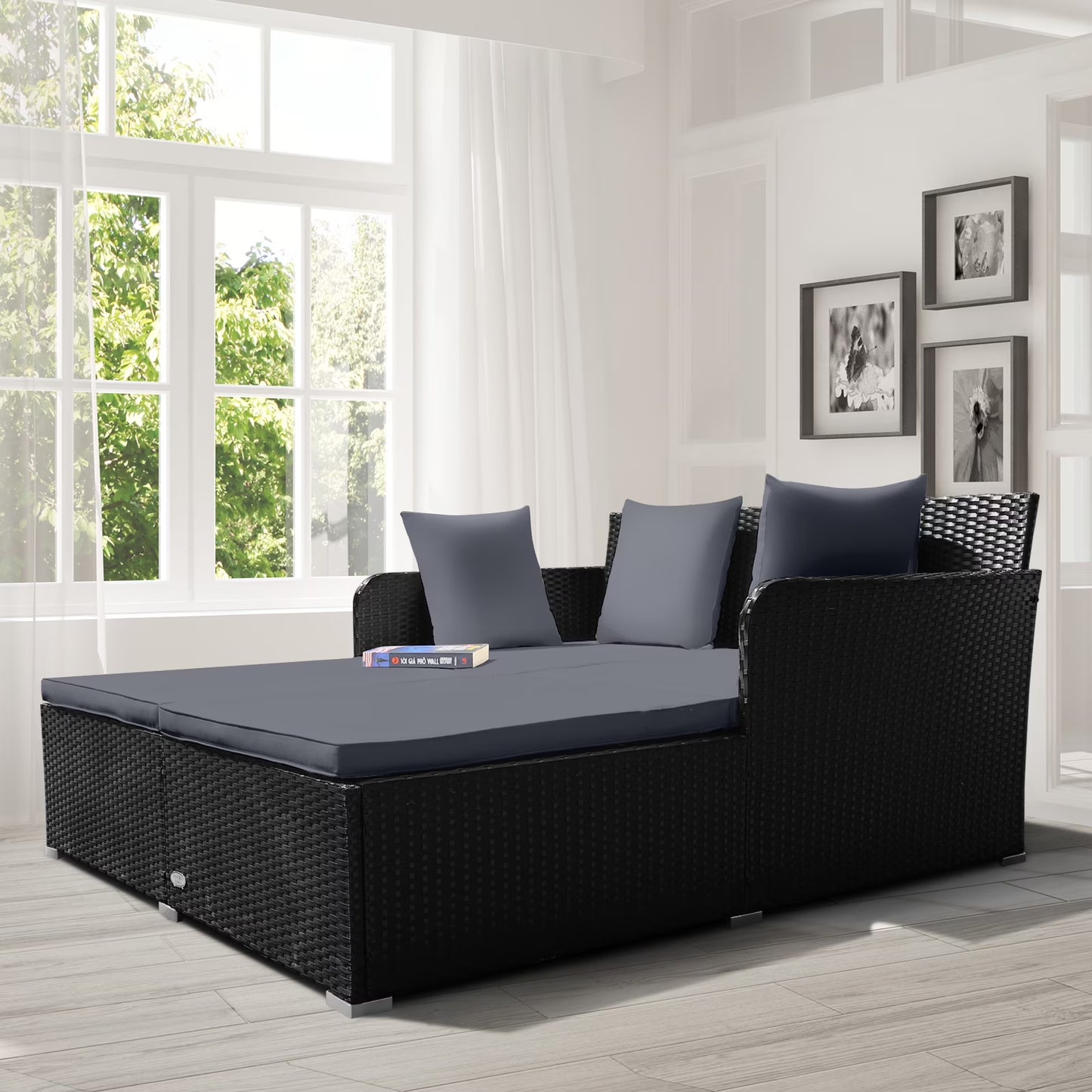 Giantex Rattan Daybed Patio Loveseat Sofa Set , Wicker Patio Furniture w/Padded Cushion & and Sturdy Foot, Red