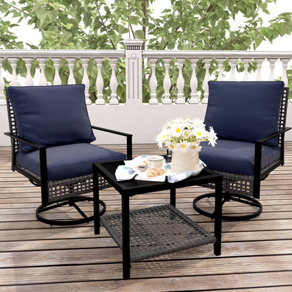 Ainfox Premium Patio Swivel Bistro Set,3-Piece Ourdoor Furniture Set,Wicker Rattan Coversation Rocking Chairs w/Glass Top Table & Cushions,Khaki
