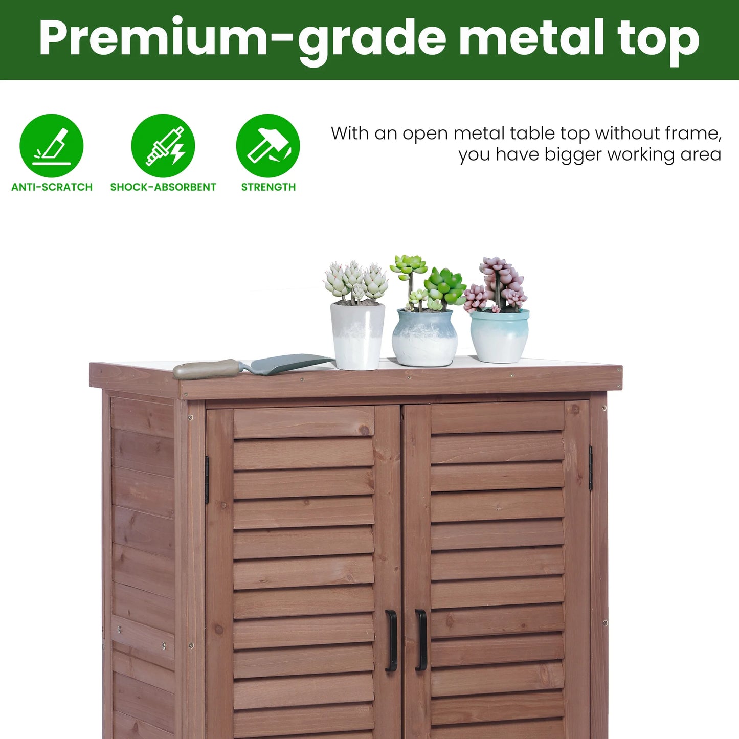 LDB_BUILDING 31.5in. W x 36in. H Outdoor Storage Cabinet & Potting Bench Table with Metal Top, Wooden Patio Furniture, Garden Workstation