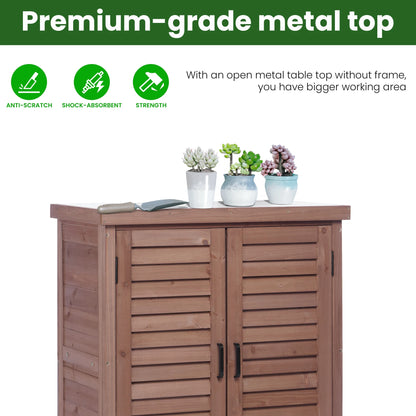 LDB_BUILDING 31.5in. W x 36in. H Outdoor Storage Cabinet & Potting Bench Table with Metal Top, Wooden Patio Furniture, Garden Workstation