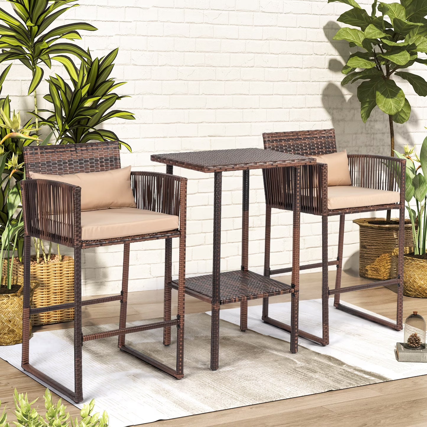 Ktaxon 3 Pcs Wicker Bar Set for Outdoor, Garden, Deck, Rattan Conversatuon Set w/Cushion, Patio Furniture Set, Brown
