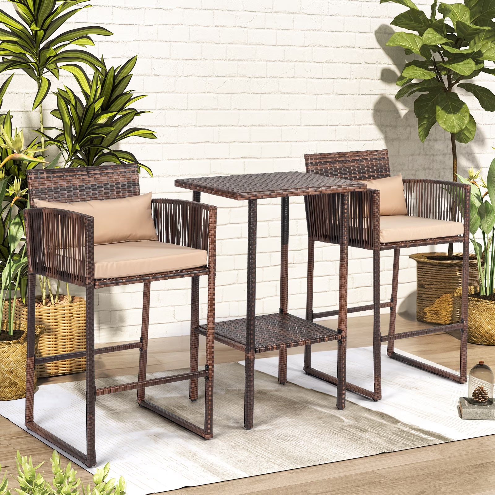 Ktaxon 3 Pcs Wicker Bar Set for Outdoor, Garden, Deck, Rattan Conversatuon Set w/Cushion, Patio Furniture Set, Brown