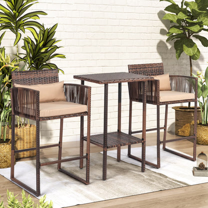 Ktaxon 3 Pcs Wicker Bar Set for Outdoor, Garden, Deck, Rattan Conversatuon Set w/Cushion, Patio Furniture Set, Brown
