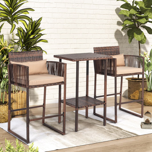 Ktaxon 3 Pcs Wicker Bar Set for Outdoor, Garden, Deck, Rattan Conversatuon Set w/Cushion, Patio Furniture Set, Brown