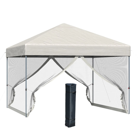 Outsunny 10' x 10' Pop Up Canopy Tent, Tents for Parties with Netting and Wheeled Carry Bag, Height Adjustable Instant Sun Shelter, for Outdoor, Garden, Patio, Beige