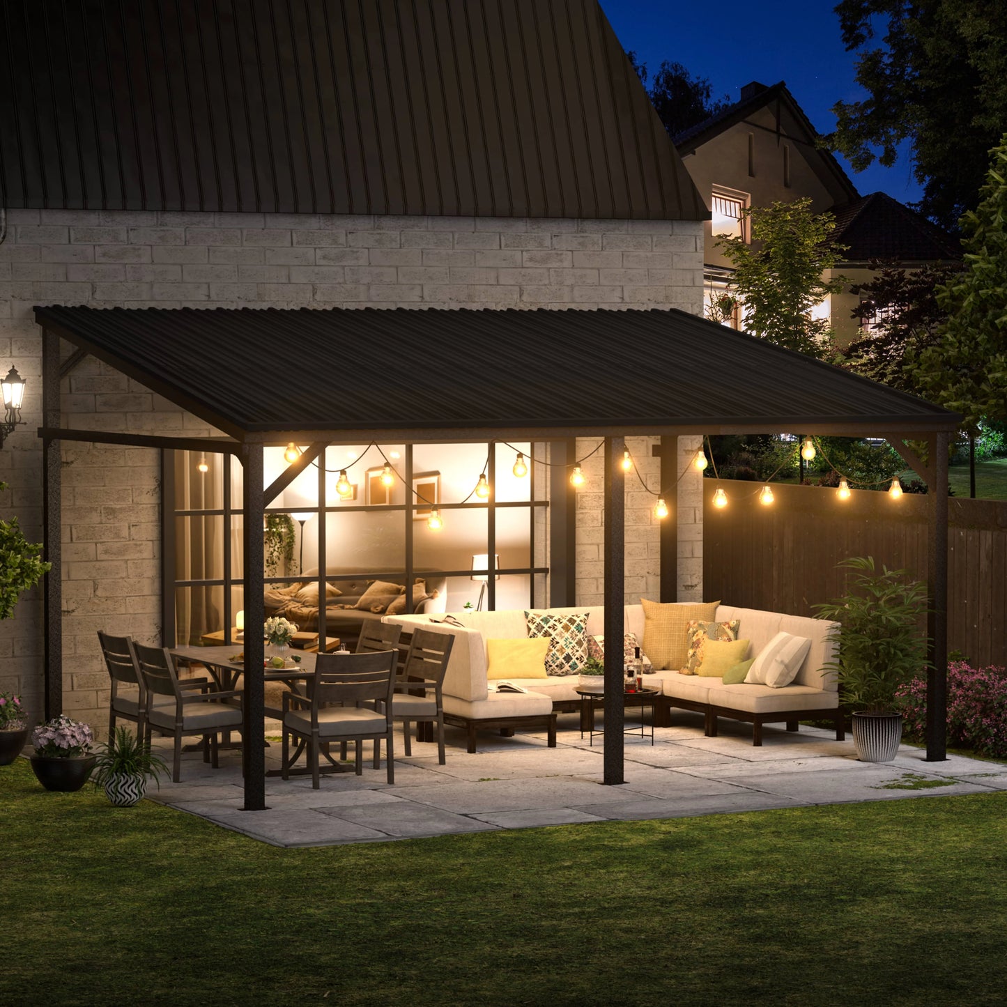 VEIKOUS 14' x 10' Outdoor Hardtop Gazebo, Patio Lean-to Pergola W/Heavy Duty Galvanized Metal Roof, Black