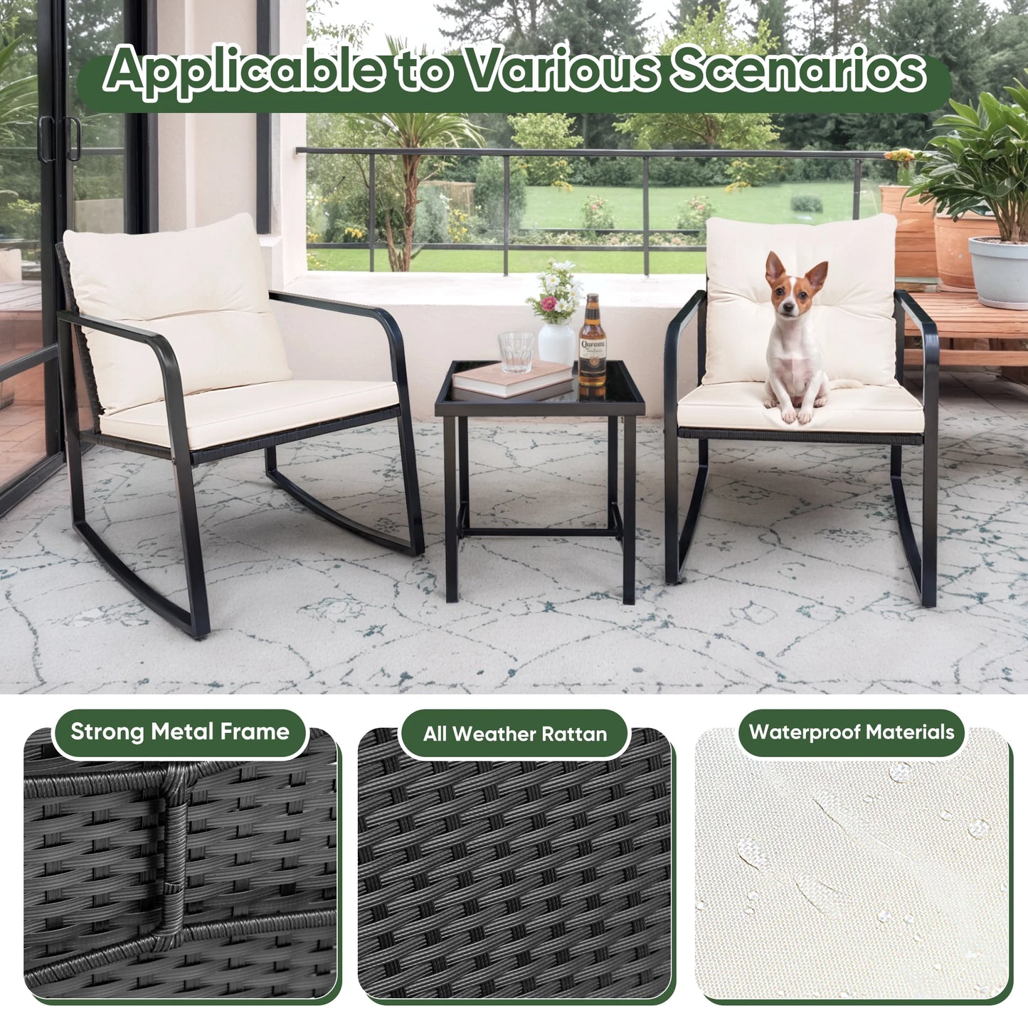 Devoko 3 Pieces Rocking Patio Furniture Sets Outdoor Rocking Chair PE Rattan Bistro Rocker Conversation Sets with Coffee Table for Garden, Beige