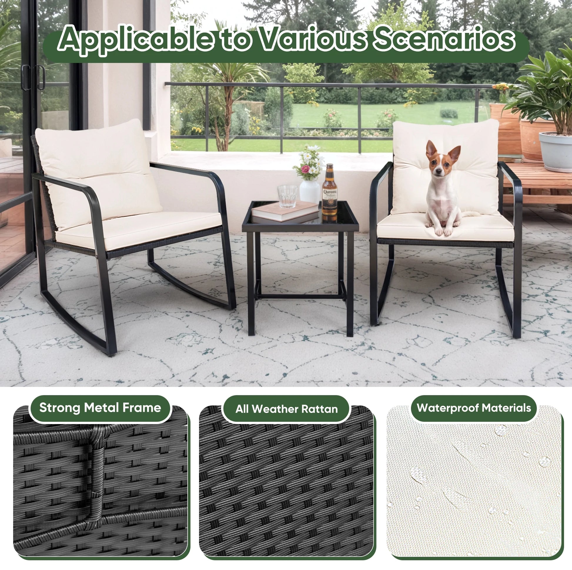 Devoko 3 Pieces Rocking Patio Furniture Sets Outdoor Rocking Chair PE Rattan Bistro Rocker Conversation Sets with Coffee Table for Garden, Beige