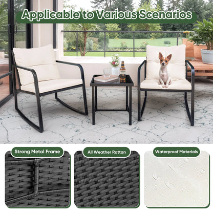 Devoko 3 Pieces Rocking Patio Furniture Sets Outdoor Rocking Chair PE Rattan Bistro Rocker Conversation Sets with Coffee Table for Garden, Beige
