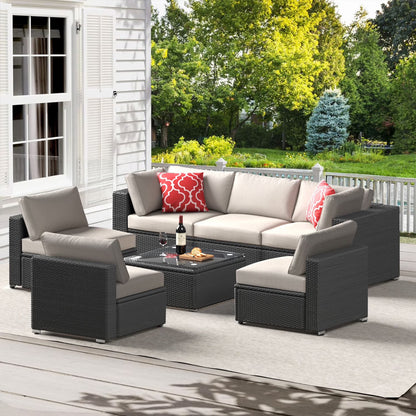 7 Piece Patio Furniture Sets Outdoor Sectional PE Rattan Outdoor Furniture Patio Conversation Set with Cushions and Glass Coffee Table, for Balcony Lawn and Garden, Gray