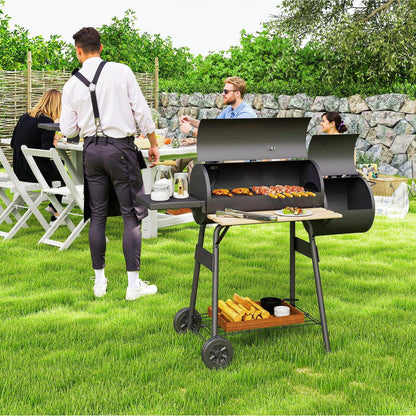 BNDFTF Black Multifunctional Charcoal Grill, Offset Smoker & BBQ Combo, with Front/Side Shelves, Lid Thermometer & Wooden Heat-Resistant Handles, for Outdoor Patio