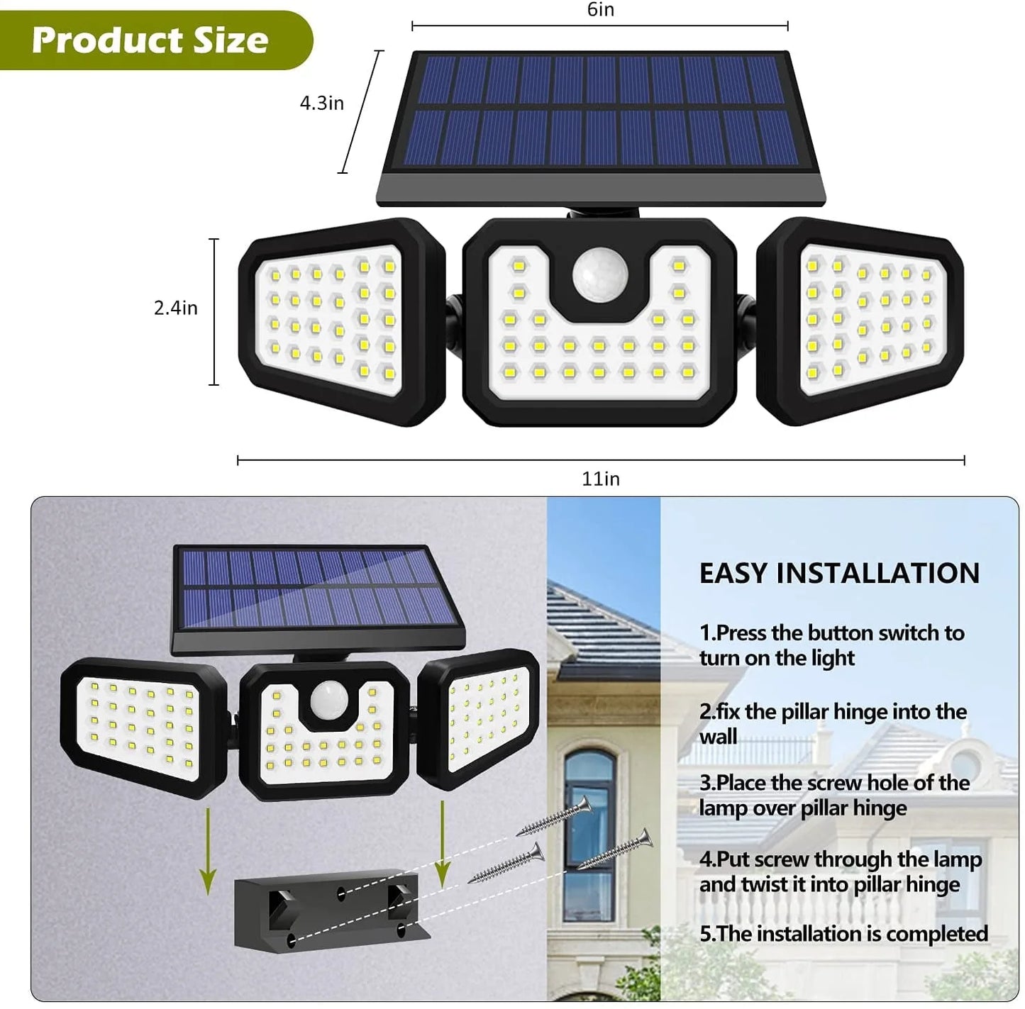 Solar Lights Outdoor, 2Pcs Solar Security Lights Motion Sensor Outdoor Flood Lights, Solar Porch Shop Light 270° Wide Angle Illumination,3 Heads Adjustable IP65 74 LEDs for Home Garden Patio Yard