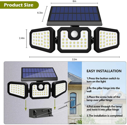 Solar Lights Outdoor, 2Pcs Solar Security Lights Motion Sensor Outdoor Flood Lights, Solar Porch Shop Light 270° Wide Angle Illumination,3 Heads Adjustable IP65 74 LEDs for Home Garden Patio Yard